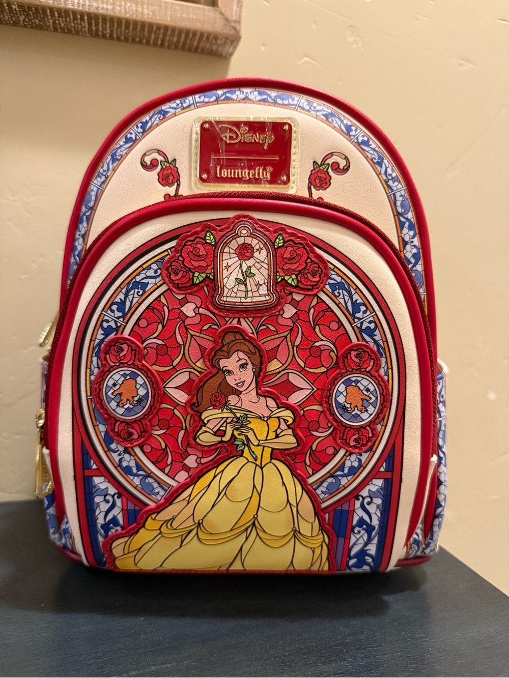 Loungefly Belle Stained Glass Mini Backpack in Red, Yellow and Cream